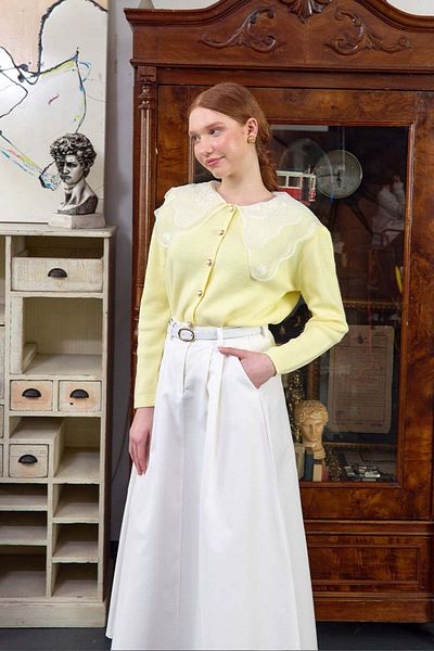 Ceylan Otantik Soft Yellow Knitwear Cardigan with Lace Collar