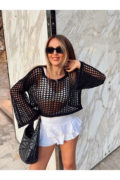 Get Crazy Spanish Sleeve Crop Top - Perforated Design, One Size