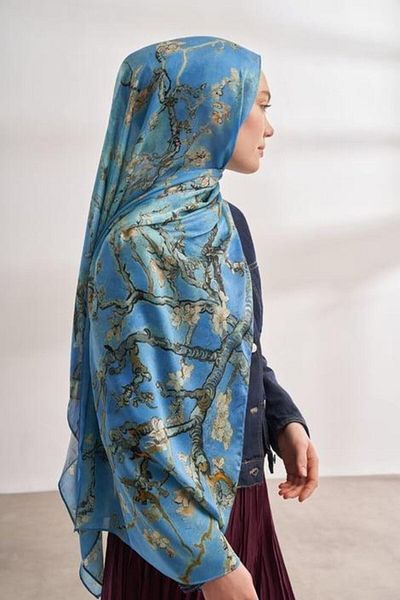 ARMANDA Şal cu model de flori de migdale Voile 04464-albastru denim
