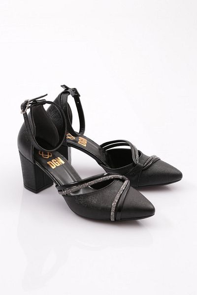 DGN Dg Women's Stone Decorated Ankle Strap Heeled Shoes Black Nova 217552328