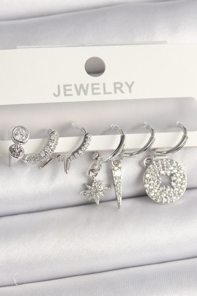 Epilons Brass Silver Color Zircon Stone Multi-Shape Women's Earring Set - Tj-...