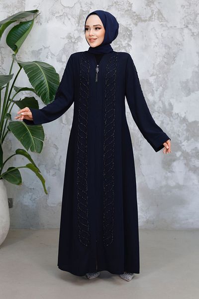 Neva Style Χάντρες Κεντημένο Navy Blue Hijab Ferace 29122L