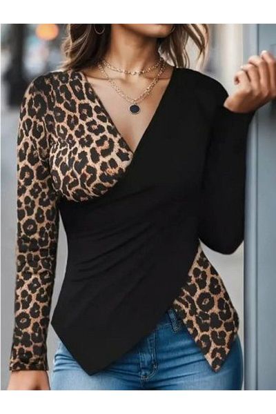 Modayakamoz Bluză din viscoză cu mânecă lungă, cu guler dublu, cu imprimeu leopard, sezon nou