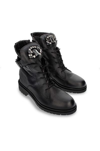 CZ London Women's Genuine Leather Front Stone Detailed Zippered Lace up Women's Daily Boots