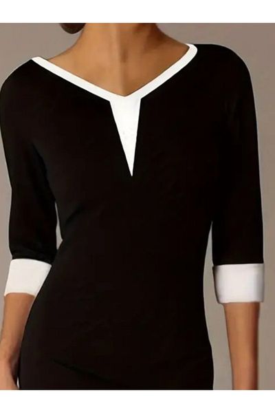 İpeksi Silky Women's Three-Breasted V-Neck Color Block Short Janjan Crepe Dress