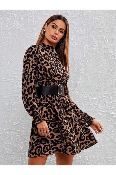 Moka Shopin Mokashopin Women's Long Sleeve Semi Turtleneck Leopard Print Velvet Dress