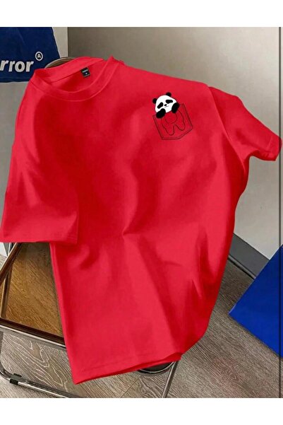 NO 601 Unisex Red Pocket Panda με στάμπα Oversize Loose Fit Χτενισμένο Βαμβακ...