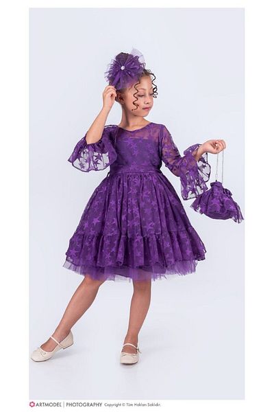 ABİYEKİDS Children's Evening Dress with Star Pattern - Buckle, 6/14 Years Graduation Show Dress Aby204