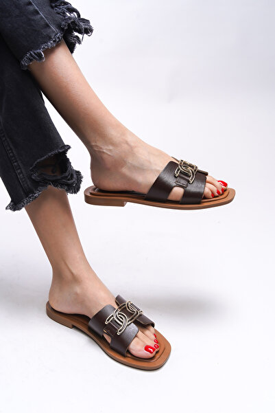 Riccon Γυναικείες παντόφλες Issolanae Brown από γνήσιο δέρμα - 00120730