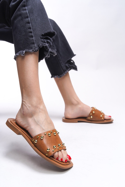 Riccon Γυναικείες παντόφλες Liblaema Tan από γνήσιο δέρμα - 00120766