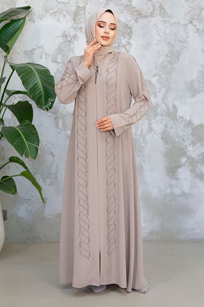 Neva Style Beige Hijab Ferace - Bead Embroidered 29122Bej