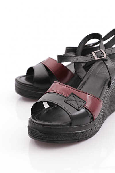 DGN Women's Row Double Banded Wedge Sandals Genuine Leather Black Claret Red 2495318