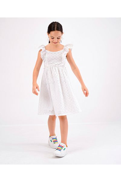 Primo Gino Flared Sleeves Cotton Allover Schiffli Dress Details - White