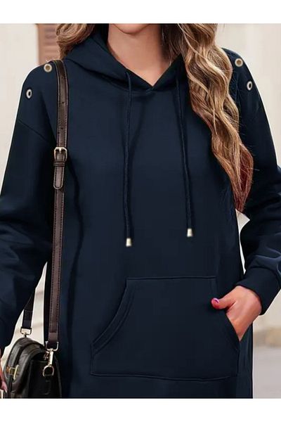İpeksi Silky Women's Long Sleeve Hooded Dress with Raised Shoulder Eyelet Detail Skirt Ribbed Hooded Two Thread Dress