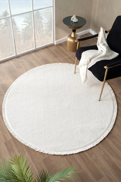 Eliz Home Beyaz Krem Yumuşak Dokulu Yuvarlak Halı Kilim Mutfak Koridor Yolluk Dokuma Makine Halısı 007 DAİRE