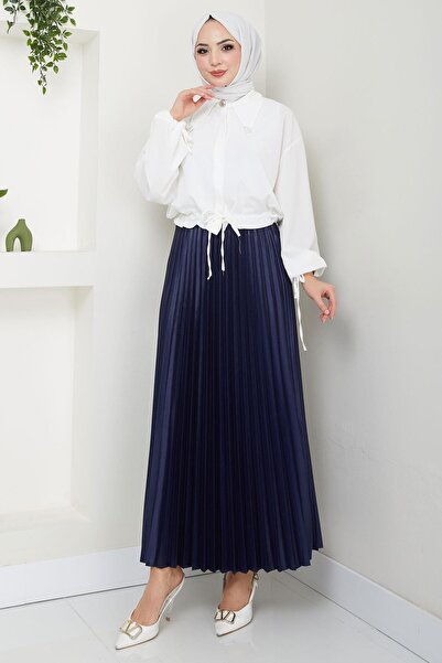 Hamado Fashion HMD Beli Lastikli Deri Görünümlü Sık Piliseli Etek Lacivert