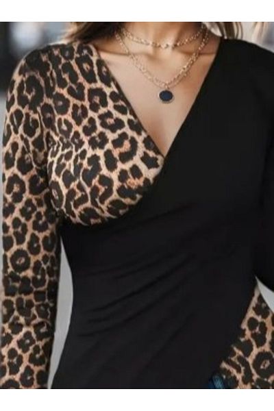 Modayakamoz Bluză din viscoză cu mânecă lungă, cu guler dublu, cu imprimeu leopard, sezon nou