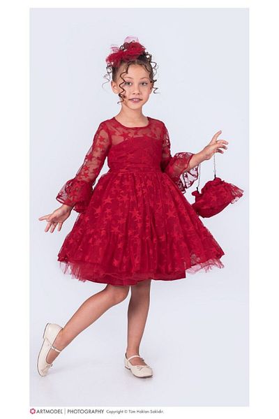 ABİYEKİDS Star Print Buckle Evening Dress for 6-10 Years Old Children - Graduation Show Aby204