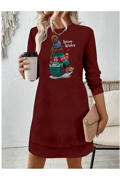 İpeksi Silky Women's Long Sleeve Crew Neck Patterned Viscose Two Thread Dress