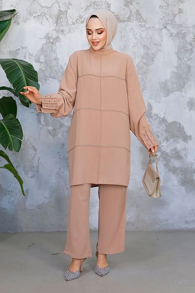 Neva Style Pearl Embroidered Camel Hijab Double Suit 65883C
