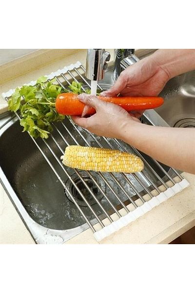 SAVA HOME COLLECTİON Sava Home Folding Trivet over the Sink Stainless Steel Practical Vegetable Fruit Dish Drying Strainer