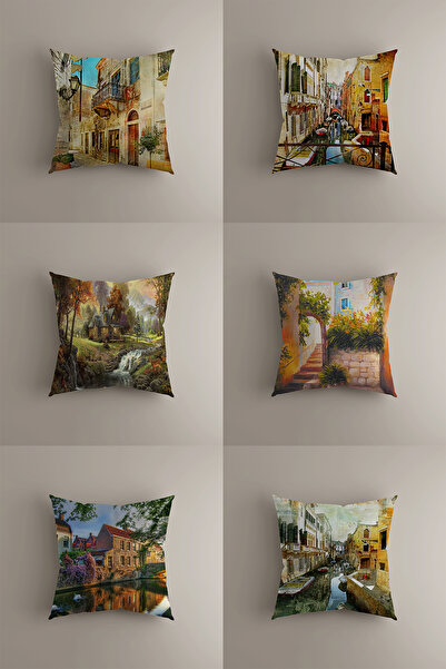 LadiesHome Sanatsal Manzara Temalı Dekoratif Kırlent Kılıfı - 6'lı Set - Şehi...