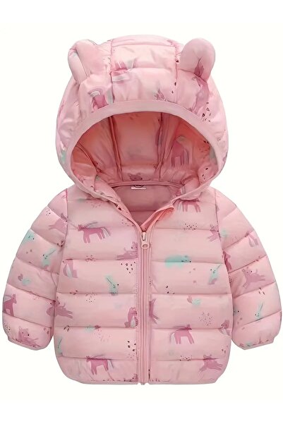 Modakido Desenli, Kulaklı, Pembe, Sıcak Tutan Sevimli, Kış/Sonbahar Şişme Mont. Kız Bebek/Kız Çocuk