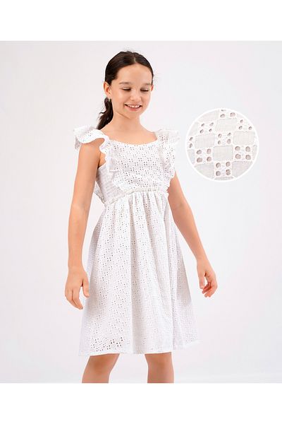 Primo Gino Flared Sleeves Cotton Allover Schiffli Dress Details - White