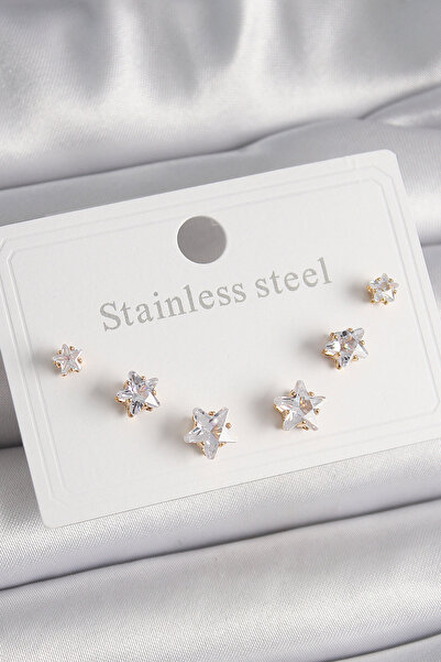 Epilons 316L Steel Gold Color Zircon Stone Star Model Women's Earring Set - T...