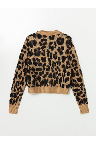 LC Waikiki Xside Brown Crew Neck Leopard Print Women's Knitwear Cardigan