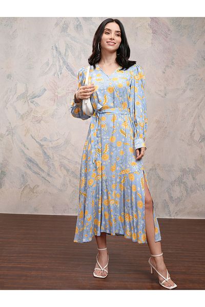 Vishudh By Styli Floral Print Wrap Front Maxi Dress with Side Slit