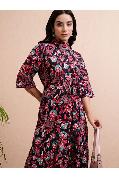 Tokyo Talkies By Styli Floral Print Shirt Maxi Dress with Tie-Belt
