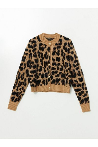 LC Waikiki Xside Brown Crew Neck Leopard Print Women's Knitwear Cardigan