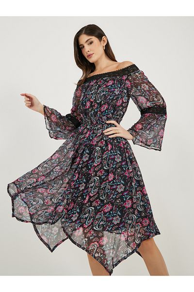 Styli Paisley Print Off Shoulder Asymmetric Hem Midi Dress