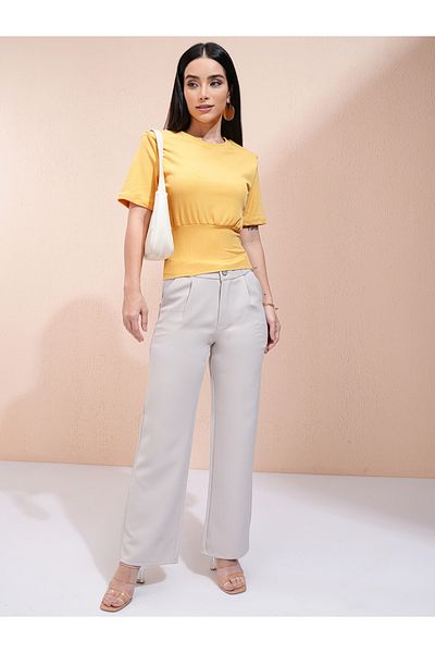 Tokyo Talkies By Styli Ribbed Round Neck Fitted Waist Top