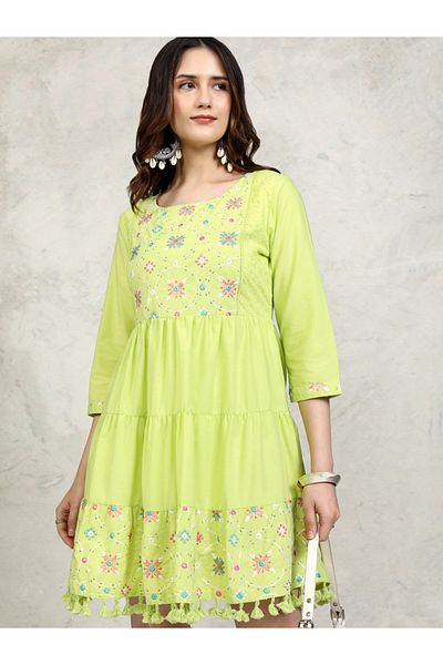 Vishudh By Styli Embroidered Panel Pompom Detail A-Line Mini Dress