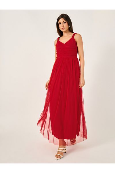 Styli Mesh Insert Strappy Maxi Dress with Gathered Detail