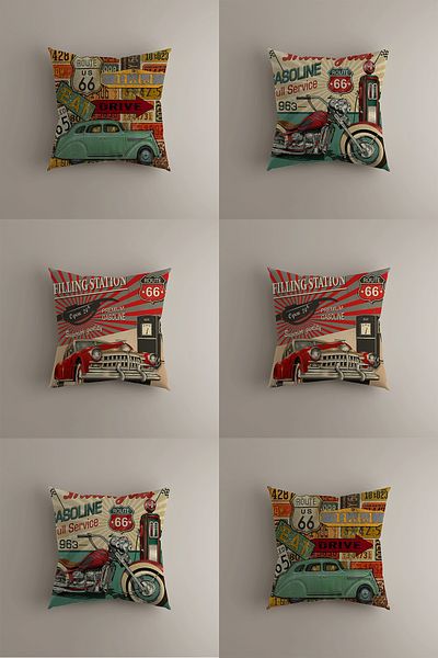 LadiesHome Retro Route 66 Themed Throw Pillow Cover Set (43X43 cm)