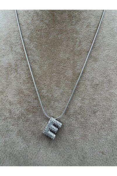 simplicist Taşlı Minimal E Harf Çelik Kolye 40-5 Cm