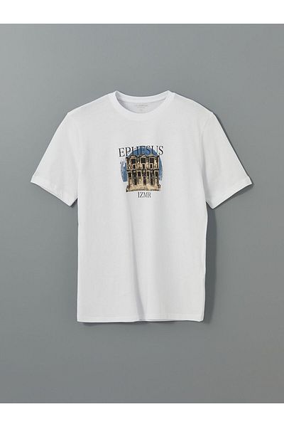 LC Waikiki Ανδρικό μπλουζάκι LCWAIKIKI Classic White Crew Neck Ephesus με στάμπα από βαμβακερό χτενισμένο βαμβάκι