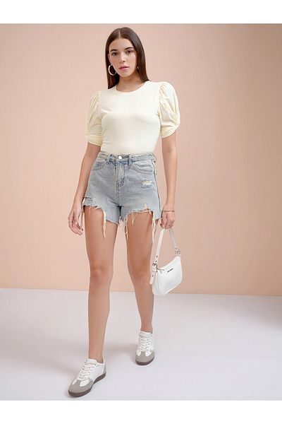 Tokyo Talkies By Styli Solid Puff Sleeves Slim Fit T-Shirt
