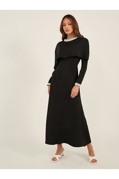 Luxewave By Styli Solid Lace Trim Cape Sleeve Fishtail Hem Maxi Dress