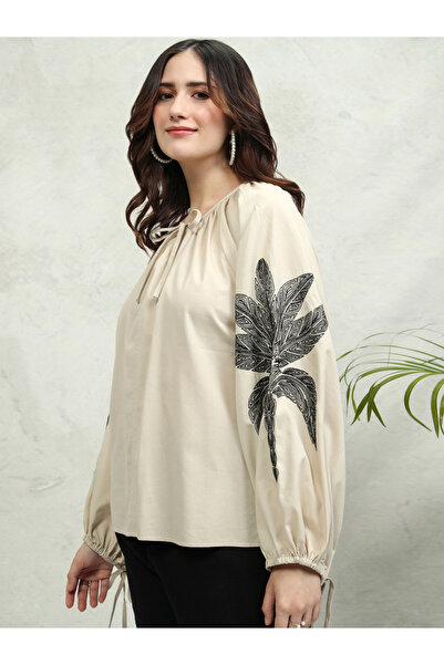 Tokyo Talkies By Styli Floral Print Balloon Sleeve Top with Tie-Up Neck