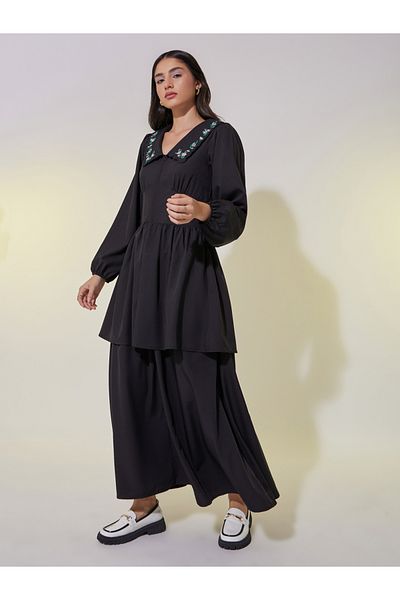 Take Two By Styli Embroidered Long Sleeve Maxi Dress with Corset Detail