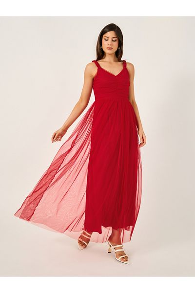 Styli Mesh Insert Strappy Maxi Dress with Gathered Detail