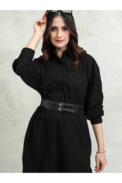 Tokyo Talkies By Styli Solid Collared Shirt Dress with Pocket Detail