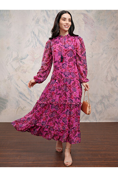 Vishudh By Styli Floral Printed Tie-Up Neck Tiered Maxi Dress