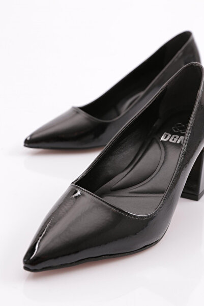 DGN Kadın Sivri Burun Kalın Topuklu Ayakkabı Siyah Kırışık Rugan 44112534