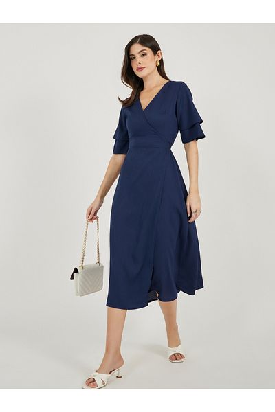 Styli Wrap Front Ruffled Sleeve Midi Dress