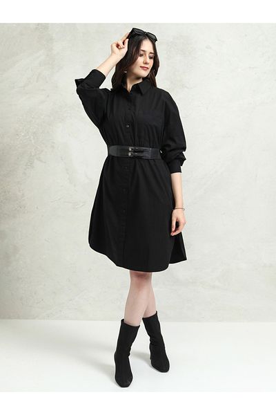 Tokyo Talkies By Styli Solid Collared Shirt Dress with Pocket Detail